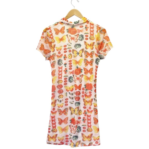 Urban Outfitters Riko Y2K Mesh Dress Orange Butterfly Ruched Mini Size Large - Picture 3 of 13